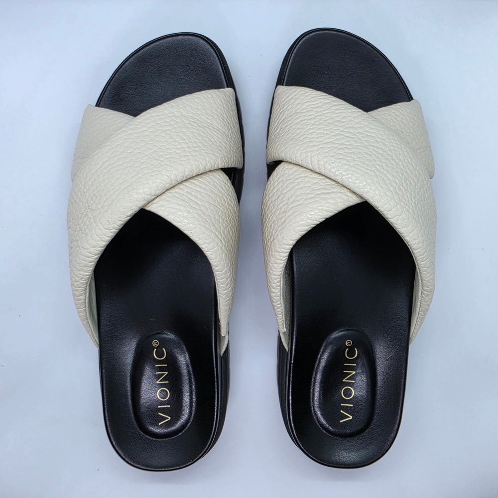 Vionic Vesta Cream Leather Crisscross Platform Slide Sandals Womens 9 Lug Sole - Picture 4 of 10